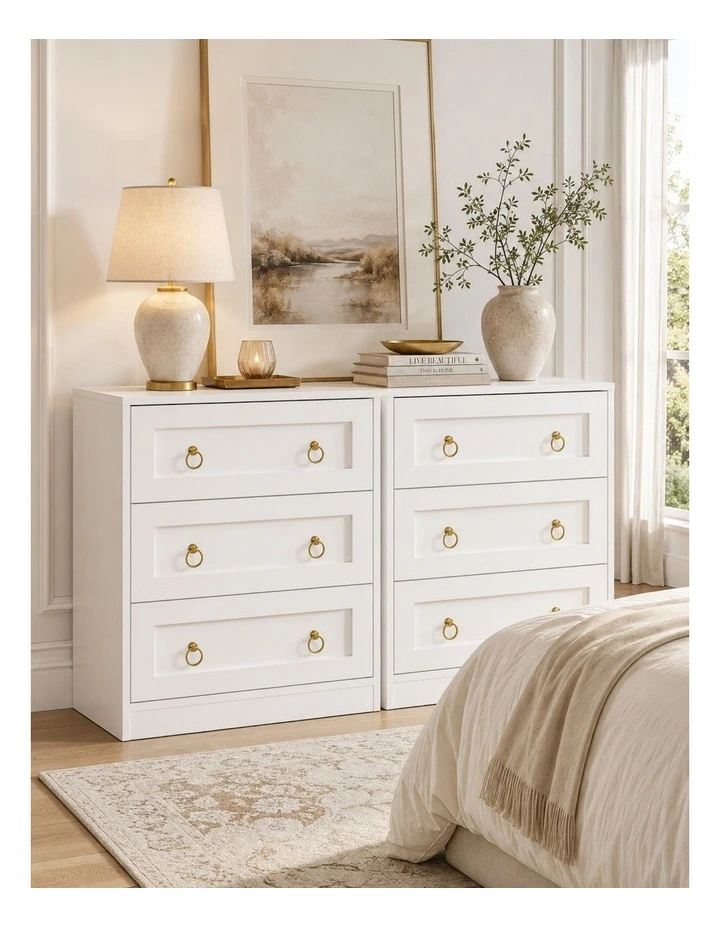 White Modern 3 Drawers Bedside Table Set of 2 with Gold Ring Handles image 3