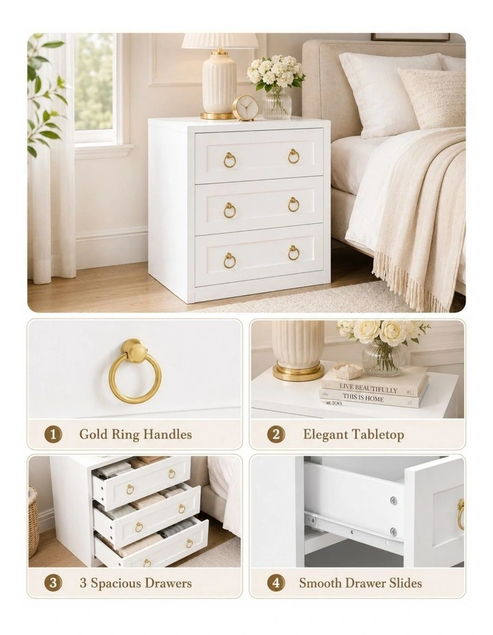 White Modern 3 Drawers Bedside Table Set of 2 with Gold Ring Handles image 4