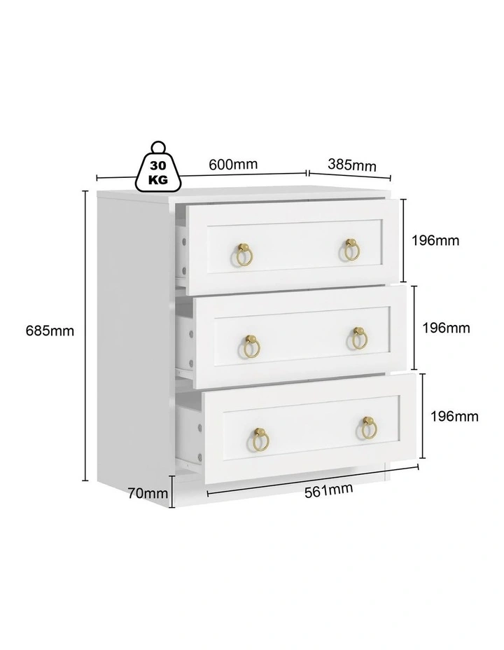 White Modern 3 Drawers Bedside Table Set of 2 with Gold Ring Handles image 6