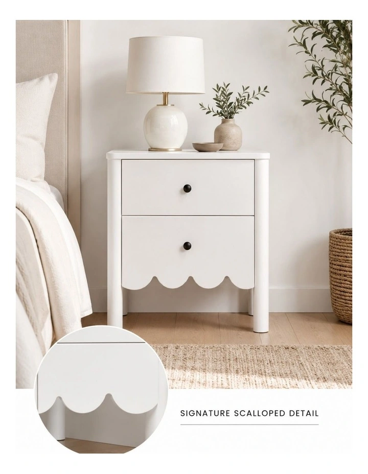 HARLA Bedside Tables Set of 2 Scalloped Cloud Edge Table - Foil-laminated Particleboard & MDF/White image 4
