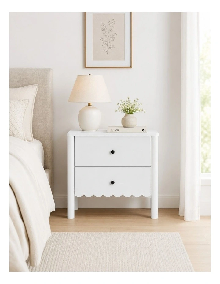 HARLA Bedside Tables Set of 2 Scalloped Cloud Edge Table - Foil-laminated Particleboard & MDF/White image 5