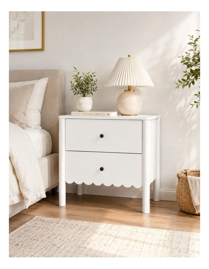 HARLA Bedside Tables Set of 2 Scalloped Cloud Edge Table - Foil-laminated Particleboard & MDF/White image 6