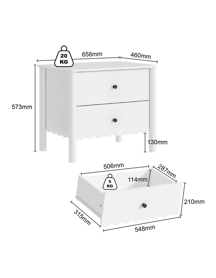 HARLA Bedside Tables Set of 2 Scalloped Cloud Edge Table - Foil-laminated Particleboard & MDF/White image 7