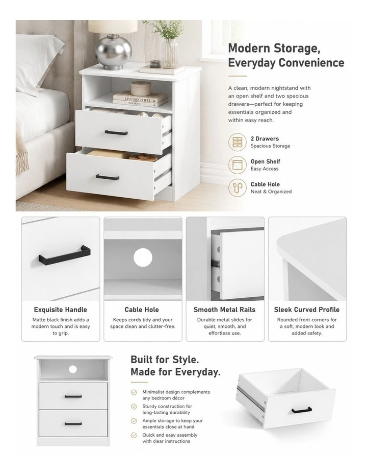 White Bedside Table 2 Drawer with Cable Hole Storage Nightstand image 4
