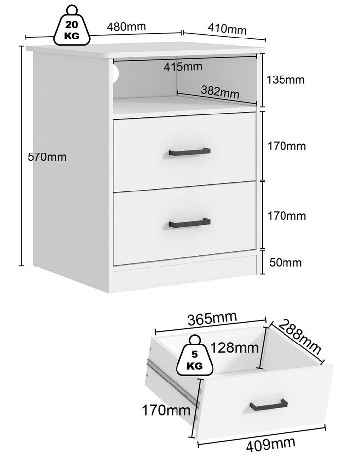 White Bedside Table 2 Drawer with Cable Hole Storage Nightstand image 5