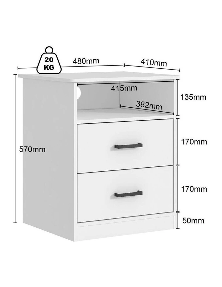White Bedside Table 2 Drawer with Cable Hole Storage Nightstand image 6