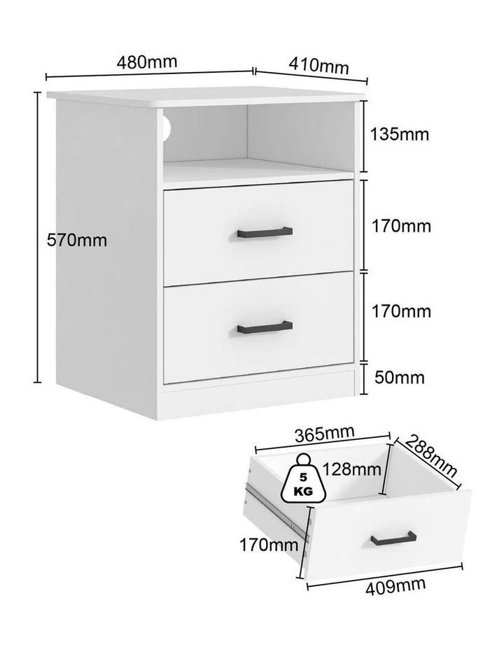White Bedside Table 2 Drawer with Cable Hole Storage Nightstand image 7