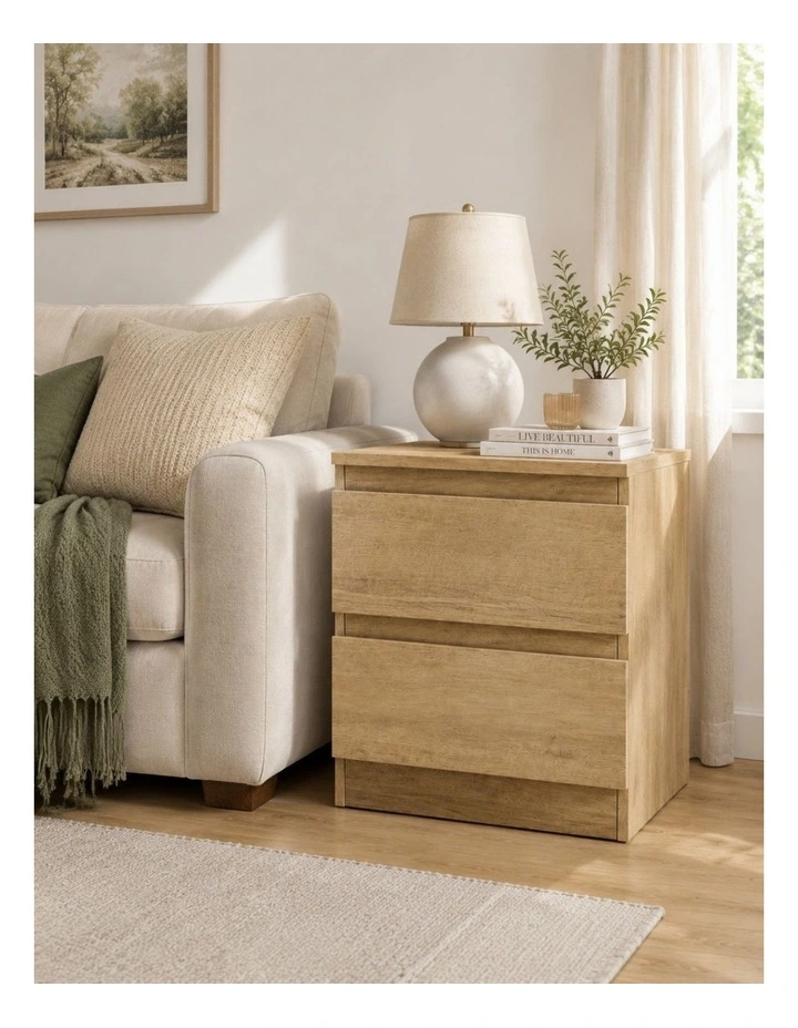 Belmont Bedside Table Light Oak Set of 2 - Foil-laminated Particleboard & MDF/oak image 2