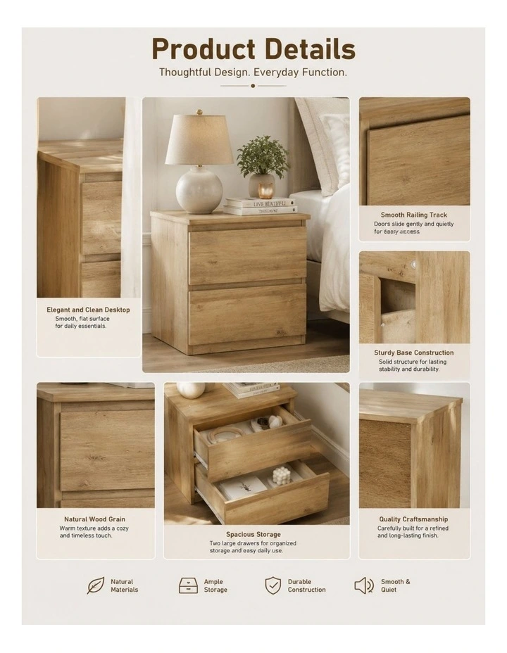 Belmont Bedside Table Light Oak Set of 2 - Foil-laminated Particleboard & MDF/oak image 4