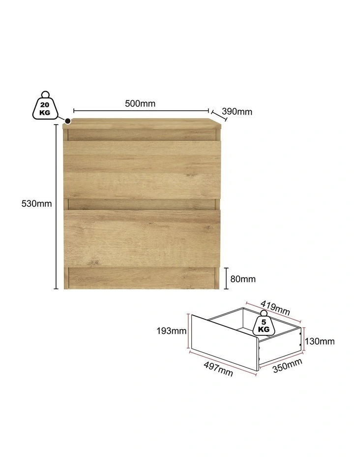 Belmont Bedside Table Light Oak Set of 2 - Foil-laminated Particleboard & MDF/oak image 6