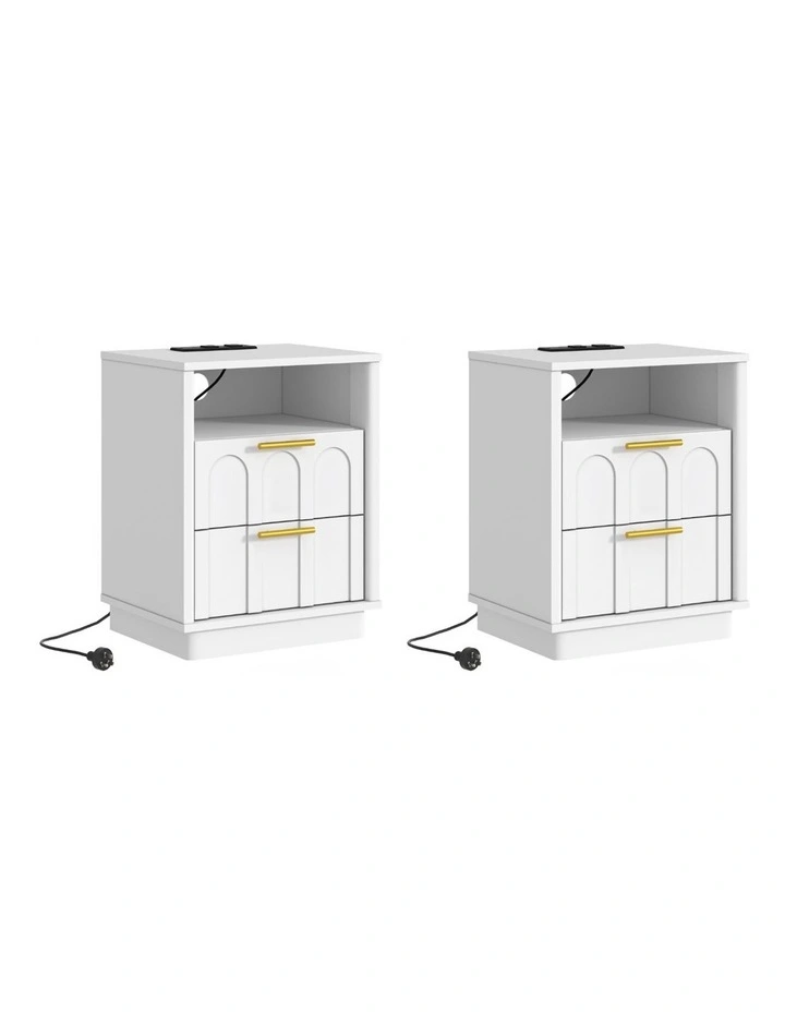 Opera Set of 2 White Bedside Tables with Charging Station- Foil-laminated Particleboard & MDF/White image 1