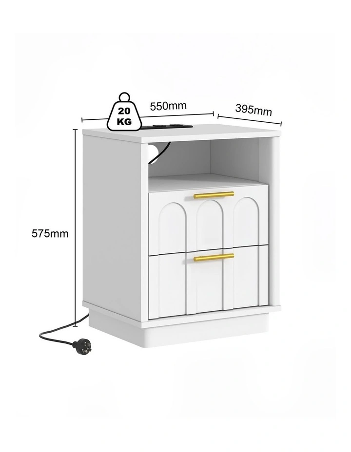 Opera Set of 2 White Bedside Tables with Charging Station- Foil-laminated Particleboard & MDF/White image 6