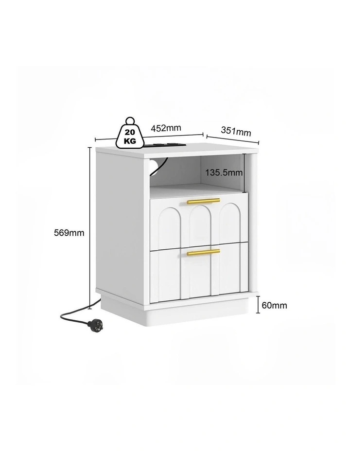 Opera Set of 2 White Bedside Tables with Charging Station- Foil-laminated Particleboard & MDF/White image 7