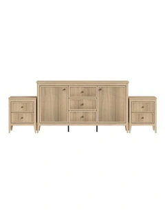LINDLEY 3-Piece Set: Modern Sideboard Buffet & 2 Nightstands - Foil-laminated Particleboard&MDF/oak