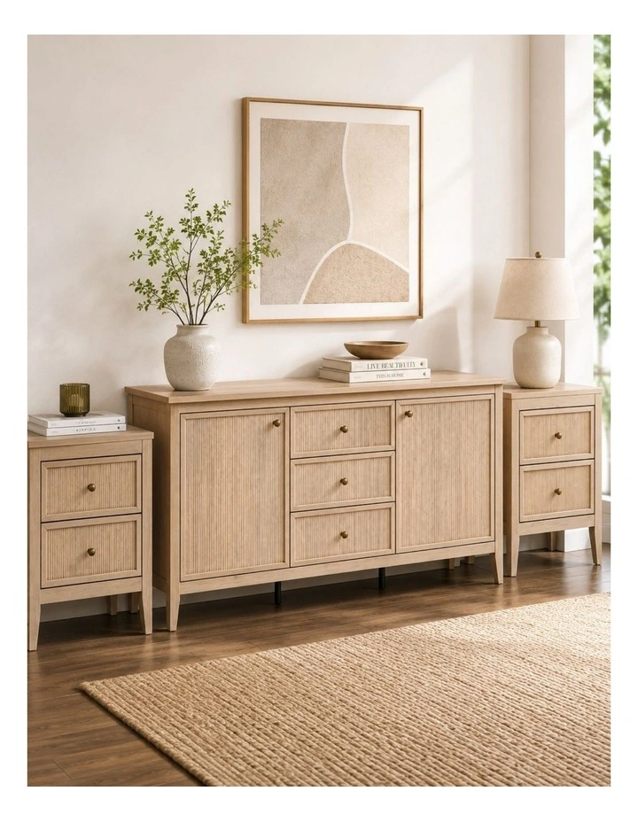 LINDLEY 3-Piece Set: Modern Sideboard Buffet & 2 Nightstands - Foil-laminated Particleboard&MDF/oak image 2