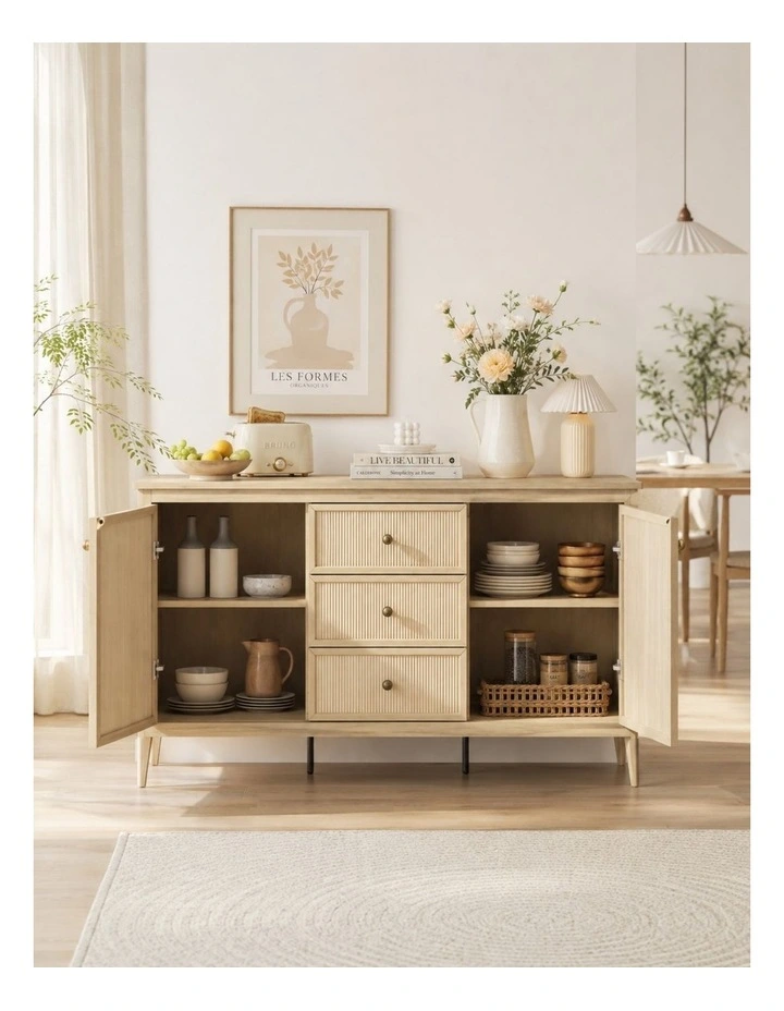 LINDLEY 3-Piece Set: Modern Sideboard Buffet & 2 Nightstands - Foil-laminated Particleboard&MDF/oak image 4