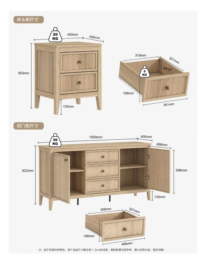 LINDLEY 3-Piece Set: Modern Sideboard Buffet & 2 Nightstands - Foil-laminated Particleboard&MDF/oak image 6