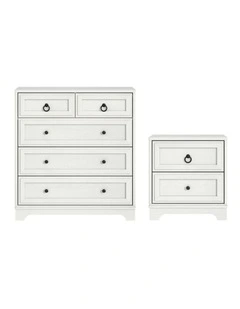 CABOT White 5 Chest of Drawers Tallboy   1 Bedside Table - Foil-laminated Particleboard & MDF