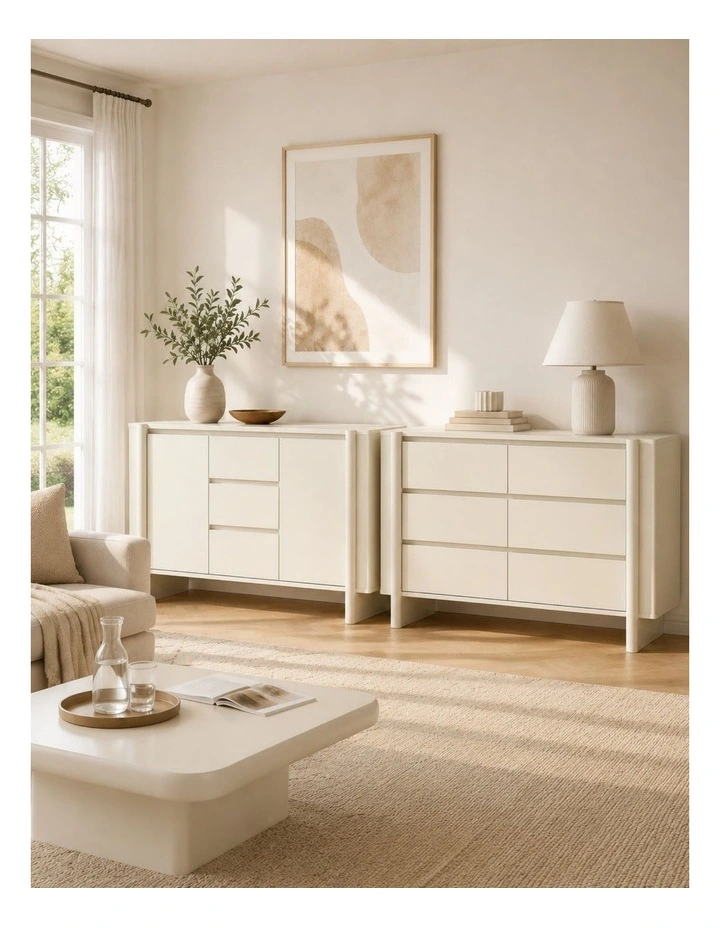 White 6 Drawer Chest of Drawers and Buffet Sideboard Cabinet- Foil-laminated Particleboard & MDF image 2