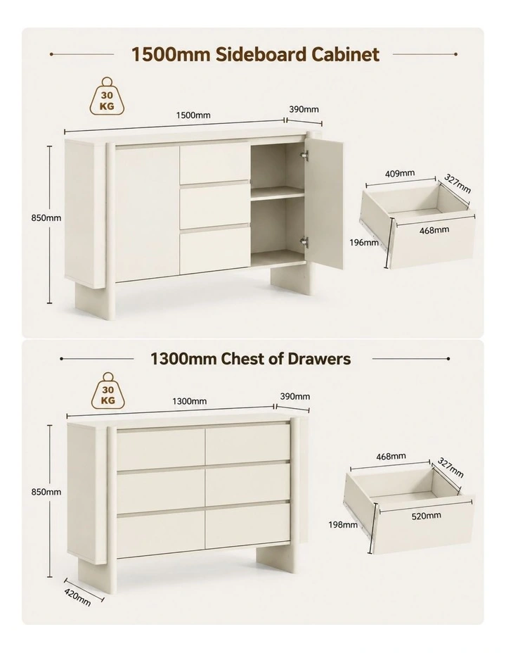 White 6 Drawer Chest of Drawers and Buffet Sideboard Cabinet- Foil-laminated Particleboard & MDF image 6