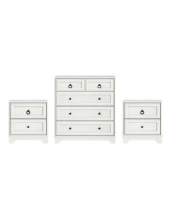 CABOT White 5 Chest of Drawers Tallboy   2 Bedside Tables - Foil-laminated Particleboard & MDF