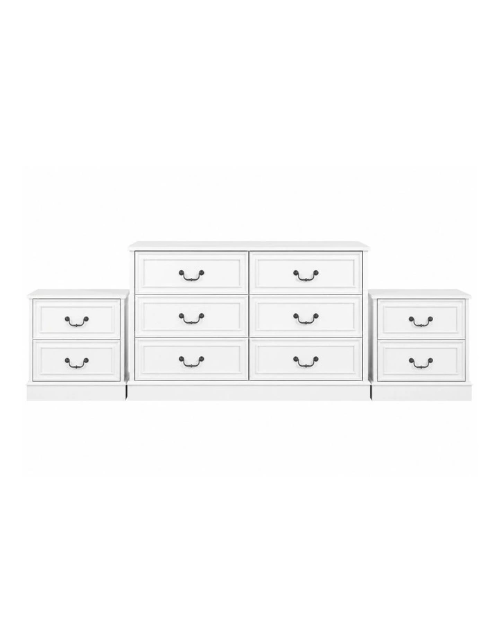 HAMPTON 3-Piece Bedroom Furniture Set: Vintage 6-Drawer Dresser & 2 Bedside Tables - White image 1
