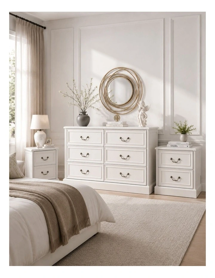 HAMPTON 3-Piece Bedroom Furniture Set: Vintage 6-Drawer Dresser & 2 Bedside Tables - White image 2