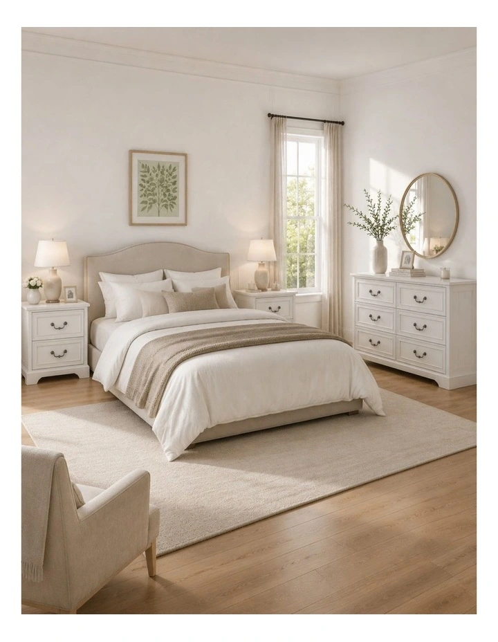HAMPTON 3-Piece Bedroom Furniture Set: Vintage 6-Drawer Dresser & 2 Bedside Tables - White image 3