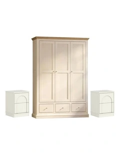 Cream White 3-Door Wardrobe and 2 Arch Drawer Bedside Tables- Foil-laminated Particleboard & MDF