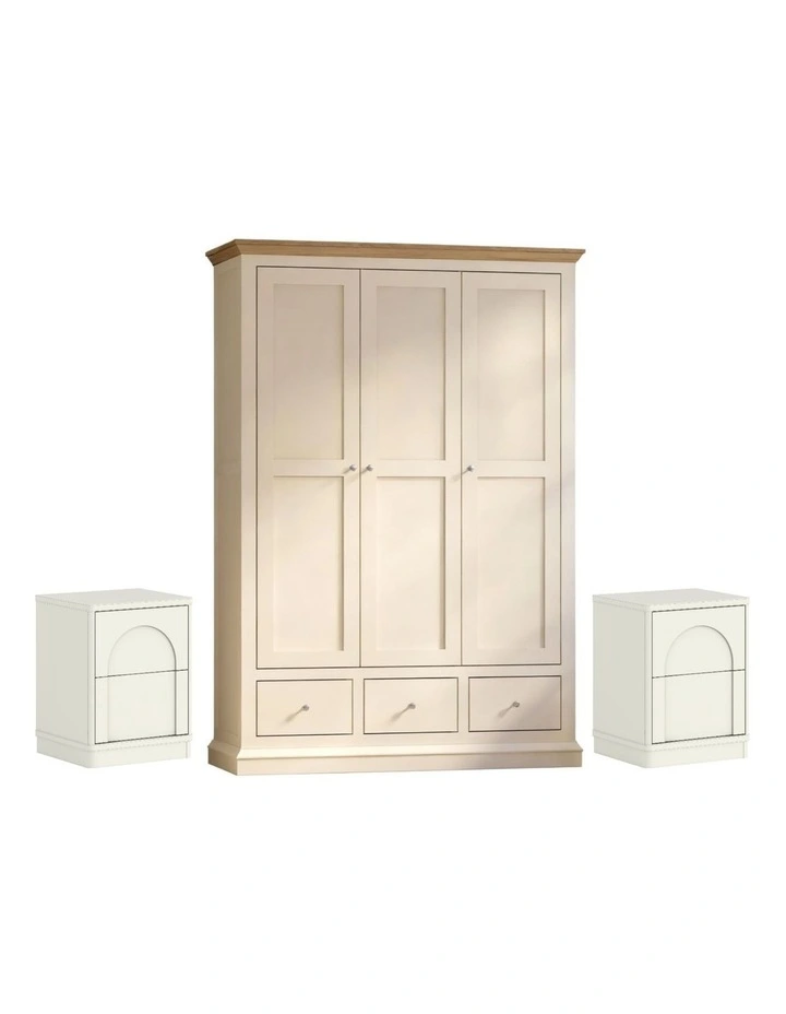 Cream White 3-Door Wardrobe and 2 Arch Drawer Bedside Tables- Foil-laminated Particleboard & MDF image 1