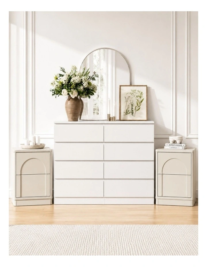 White 8 Drawer Chest of Drawers Dresser and 2 Nightstands Set for Bedroom Wardrobe Cabinet Set image 2