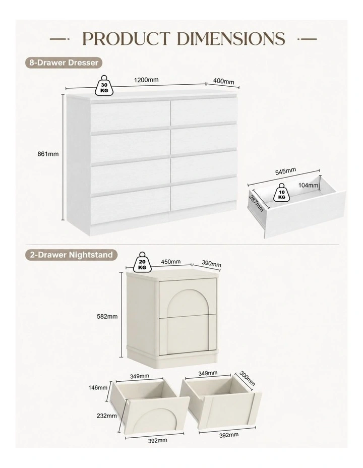 White 8 Drawer Chest of Drawers Dresser and 2 Nightstands Set for Bedroom Wardrobe Cabinet Set image 6