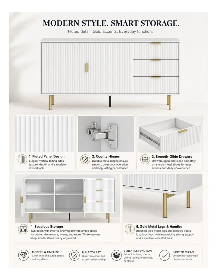 White Fluted Buffet Sideboard image 5