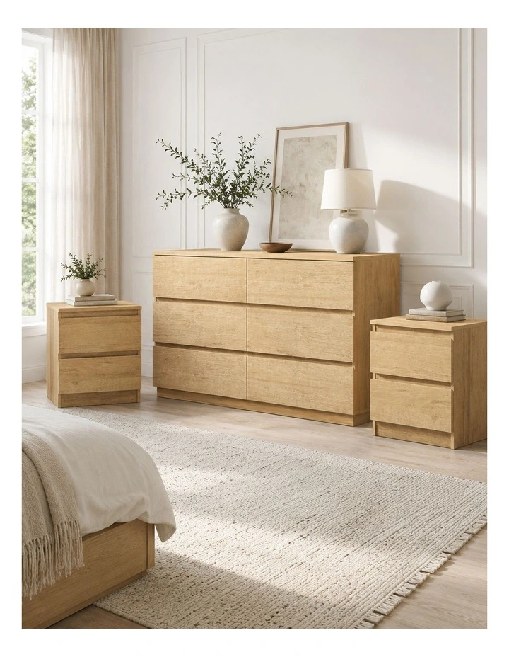 Belmont 6 Chest of Drawers Dresser Bedroom with 2 Bedside Table Set image 2