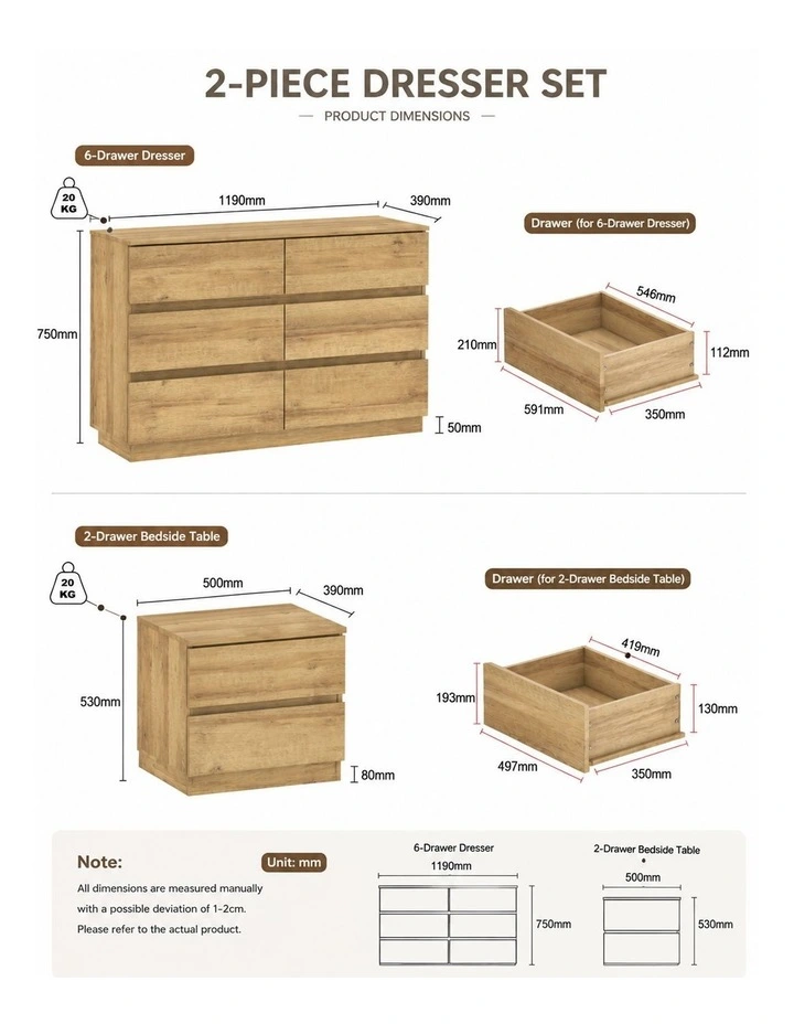 Belmont 6 Chest of Drawers Dresser Bedroom with 2 Bedside Table Set image 6