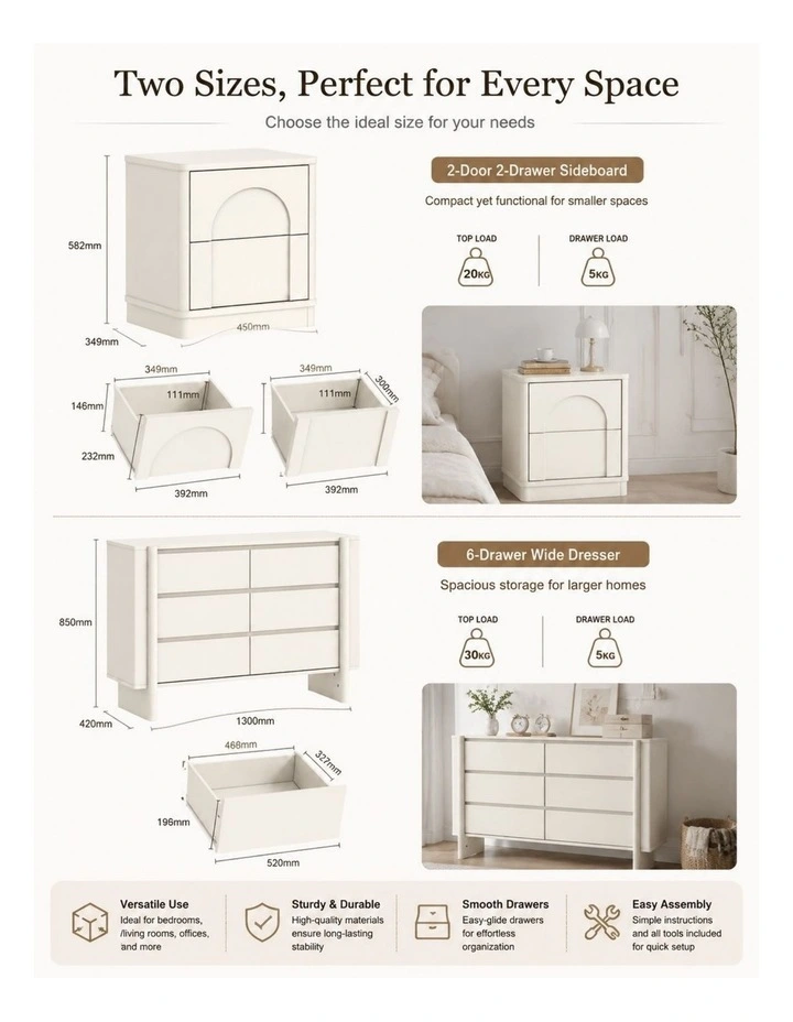AMBER 6 Chest of Drawers and 2 Set Bedside Tables - Foil-laminated Particleboard & MDF/White image 6