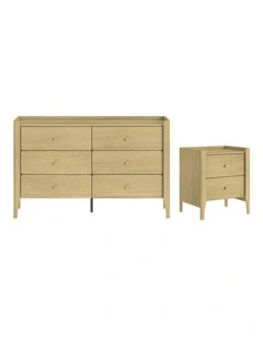 Natural Oak 6 Chest of Drawers Dresser and 1 Bedside Table - Foil-laminated Particleboard & MDF