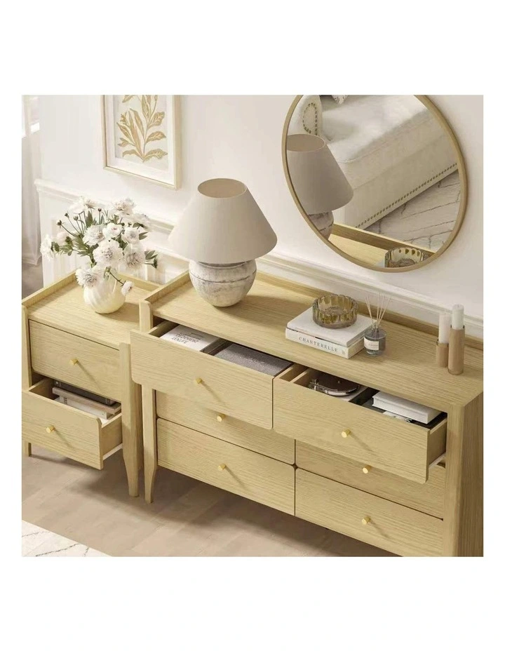 Natural Oak 6 Chest of Drawers Dresser and 1 Bedside Table - Foil-laminated Particleboard & MDF image 2