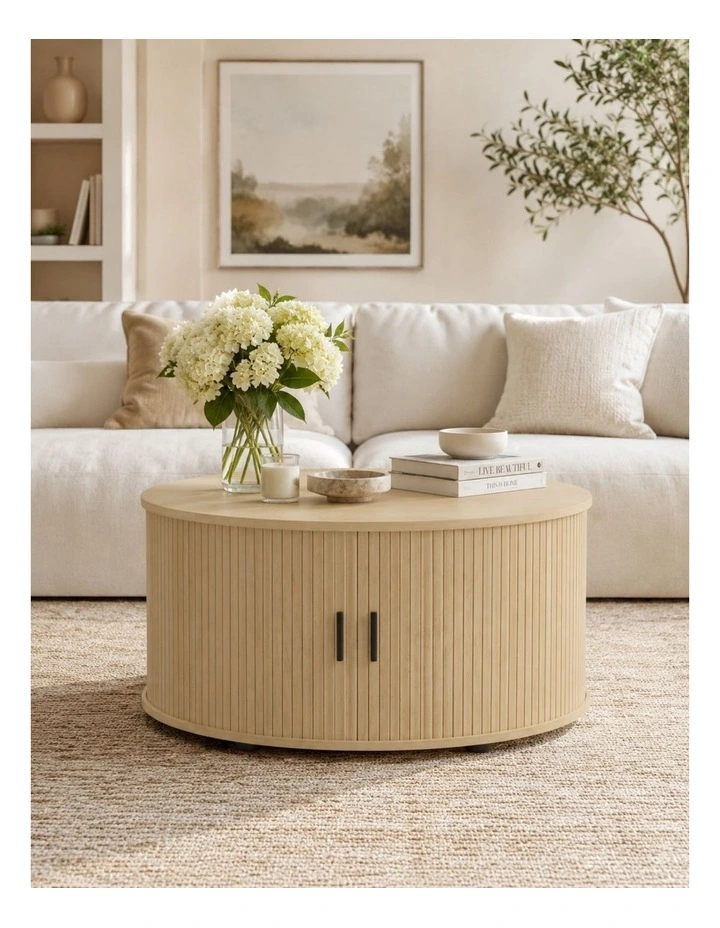 Fluted Round Coffee Tables Set of 2 End Tables 80CM Drum Coffee Tables image 2