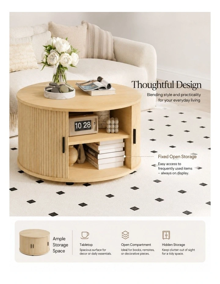 Fluted Round Coffee Tables Set of 2 End Tables 80CM Drum Coffee Tables image 3