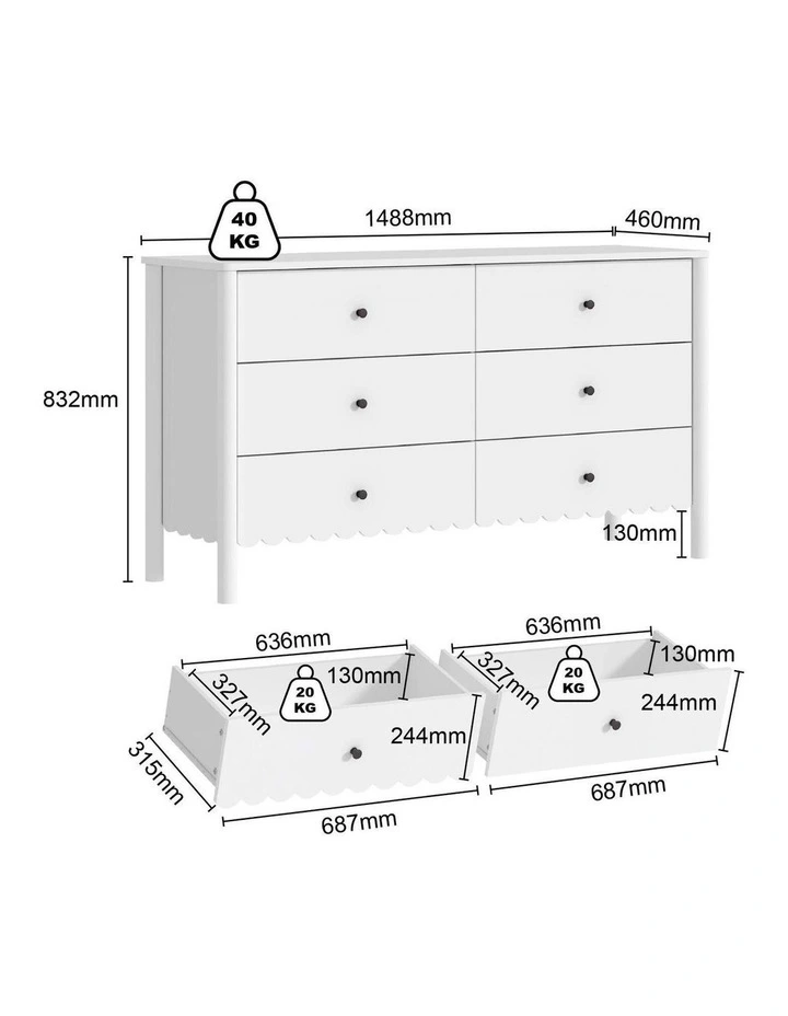 HARLA 6 Chest of Drawers Dresser   1 Bedside Table - Foil-laminated Particleboard & MDF/White image 3