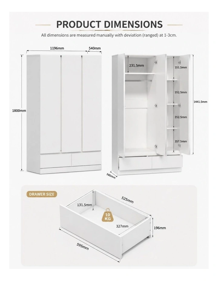 Noosa 3 Door 2 Drawer Wardrobe Set of 2- Foil-laminated Particleboard & MDF/White image 5