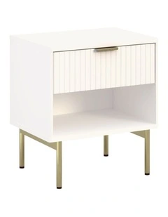 White Fluted Drawer Bedside Table with Gold Metal Legs