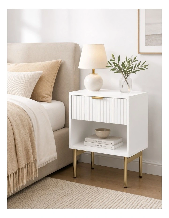 White Fluted Drawer Bedside Table with Gold Metal Legs image 3