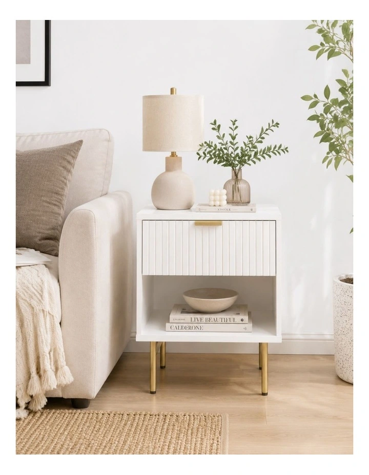 White Fluted Drawer Bedside Table with Gold Metal Legs image 4