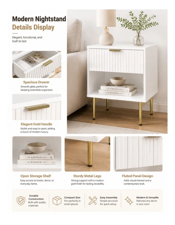 White Fluted Drawer Bedside Table with Gold Metal Legs image 5