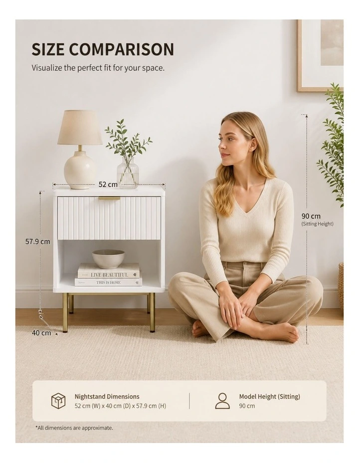 White Fluted Drawer Bedside Table with Gold Metal Legs image 6