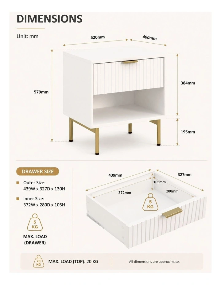 White Fluted Drawer Bedside Table with Gold Metal Legs image 7