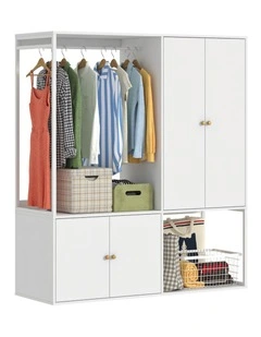 White Closet System with Hanging Rail and Closet Organizer Wardrobe Garment Rack with Shelves