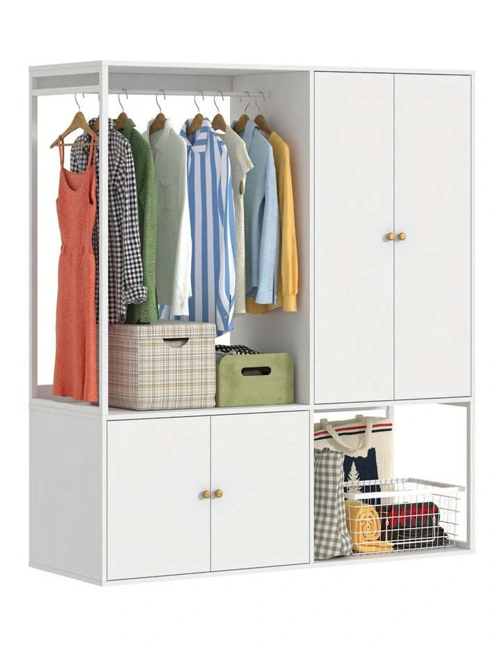 White Closet System with Hanging Rail and Closet Organizer Wardrobe Garment Rack with Shelves image 1